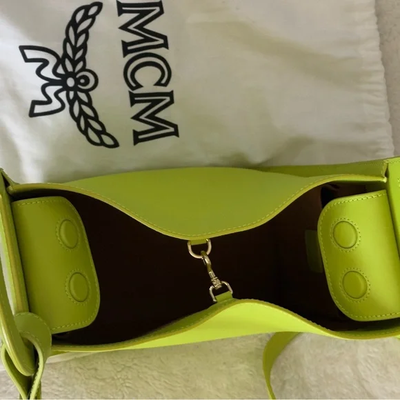 MCM Mini Mode Travia Leather Tote Neon Lime - Picture 5 of 7